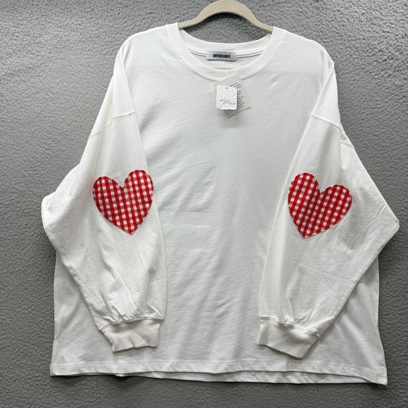 NWT DAYDREAMER Gingham Heart Sleeve Patch Long Sleeve Tee Vintage White One Size - Picture 3 of 16